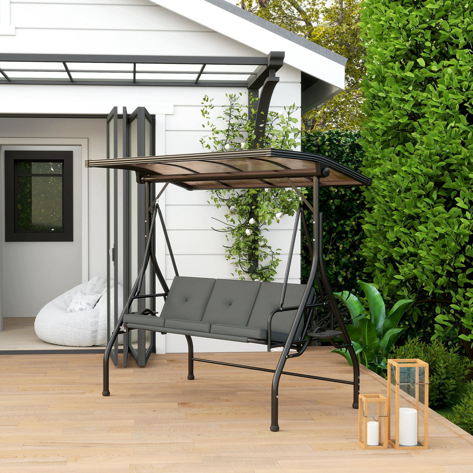 Outsunny Convertible Three-Seater Swing Bench Bed - Dark Grey - Image 2
