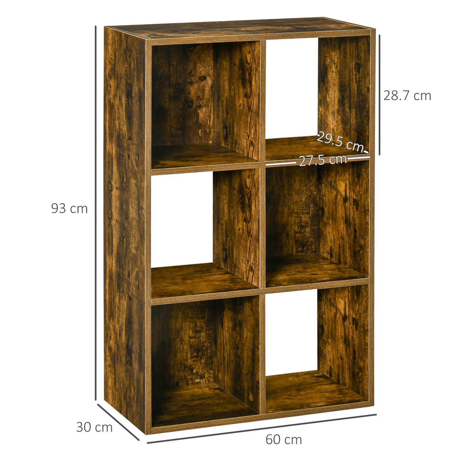 HOMCOM Industrial Style Storage Shelf, Bookcase, Bookshelf with 6 Compartments, Freestanding Shelving Unit for Living Room, Home Study, Rustic Brown - Image 3