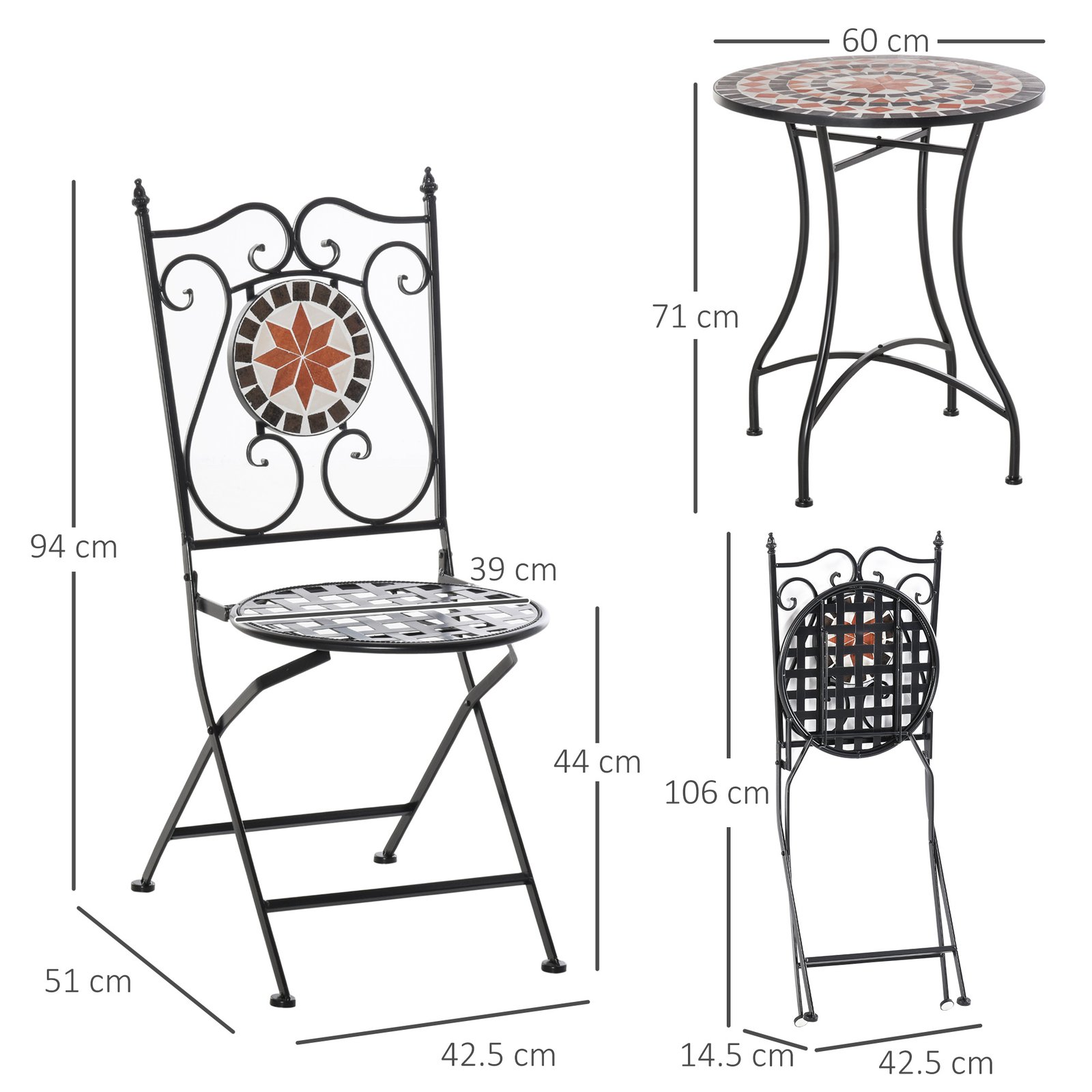 Outsunny Three-Piece Mosaic Bistro Table Set - Multicoloured - Image 3