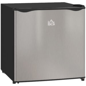 HOMCOM 46 Litre Table Top Mini Fridge, Small Fridge with Ice Box, Reversible Door, Adjustable Temperature and Legs for Bedrooms, Home Office, Silver Tone