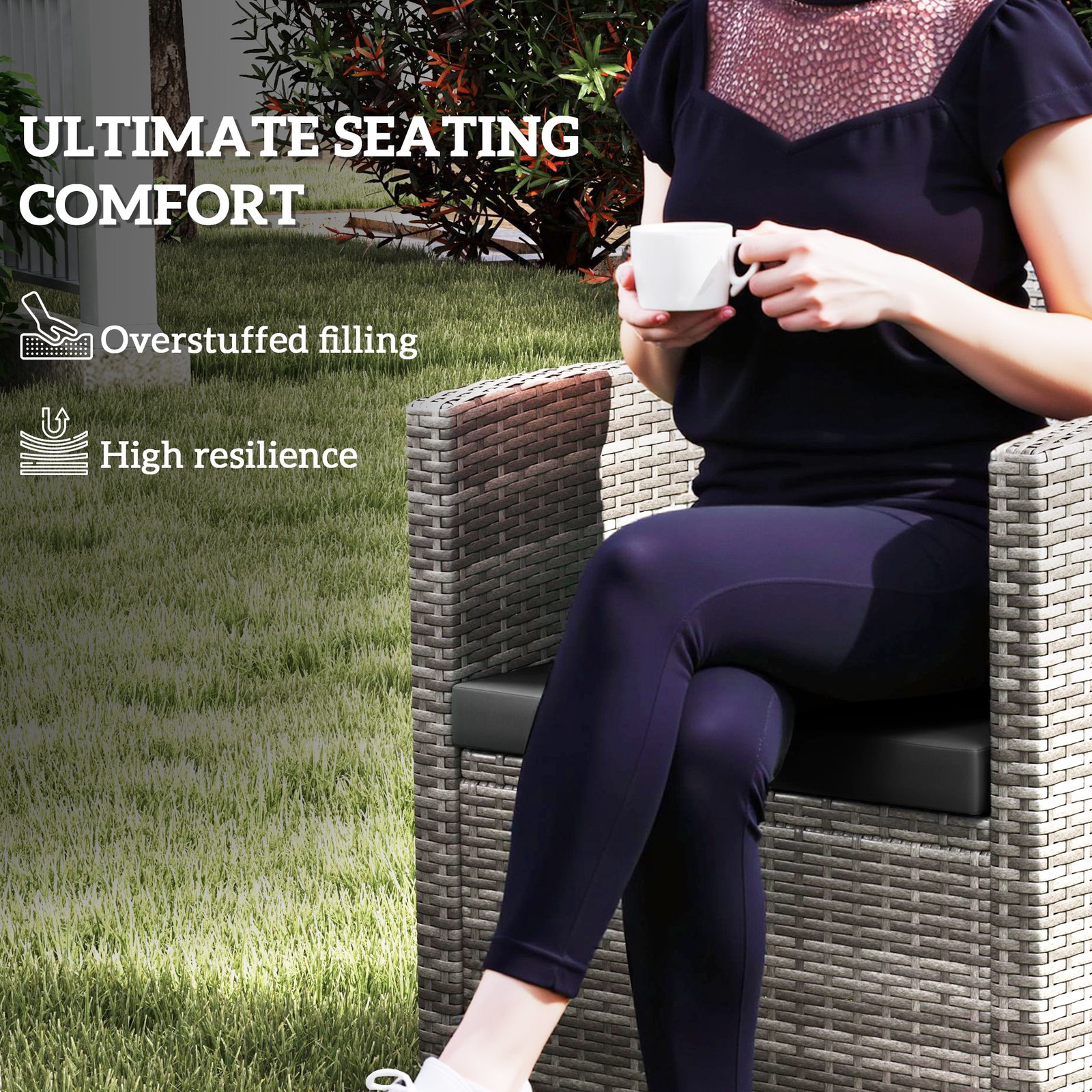 Outsunny Outdoor Seat Cushion Pads for Rattan Furniture, 3 PCs Garden Furniture Cushions, Black - Image 6