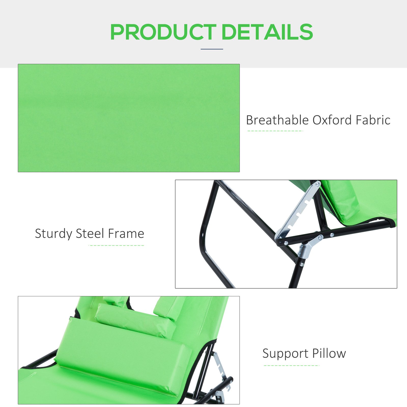 Outsunny Folding Sun Lounger with Face Hole, 4-Position Adjustable Backrest Garden Recliner Chair Sunbed, Outdoor Lounge Chair with 600 D Oxford Cloth Seat, Pillow for Beach, Green - Image 6