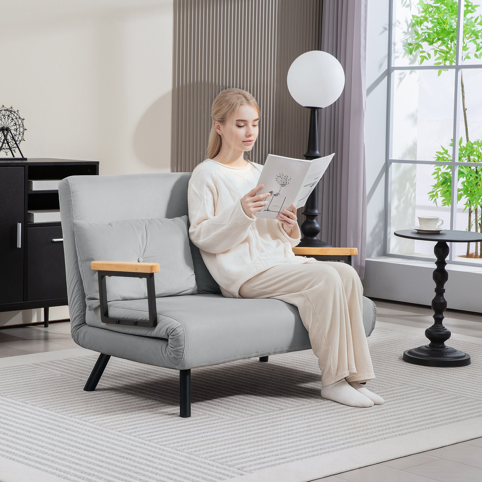 HOMCOM 4-in-1 Velvet-Feel Double Sofa Bed, with Pillows - Light Grey - Image 2