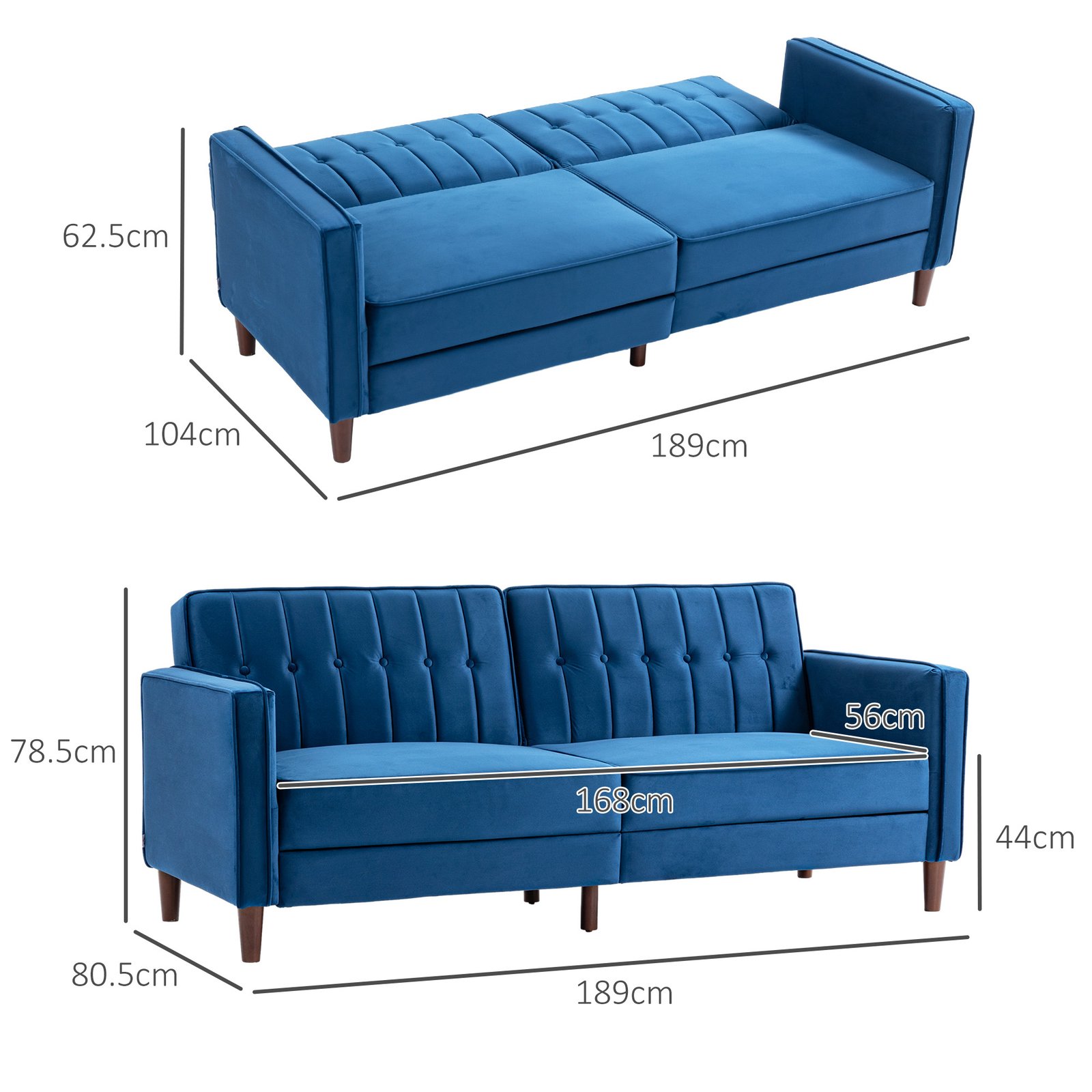 HOMCOM Velvet-Feel Three-Seater Sofa Bed - Blue - Image 3