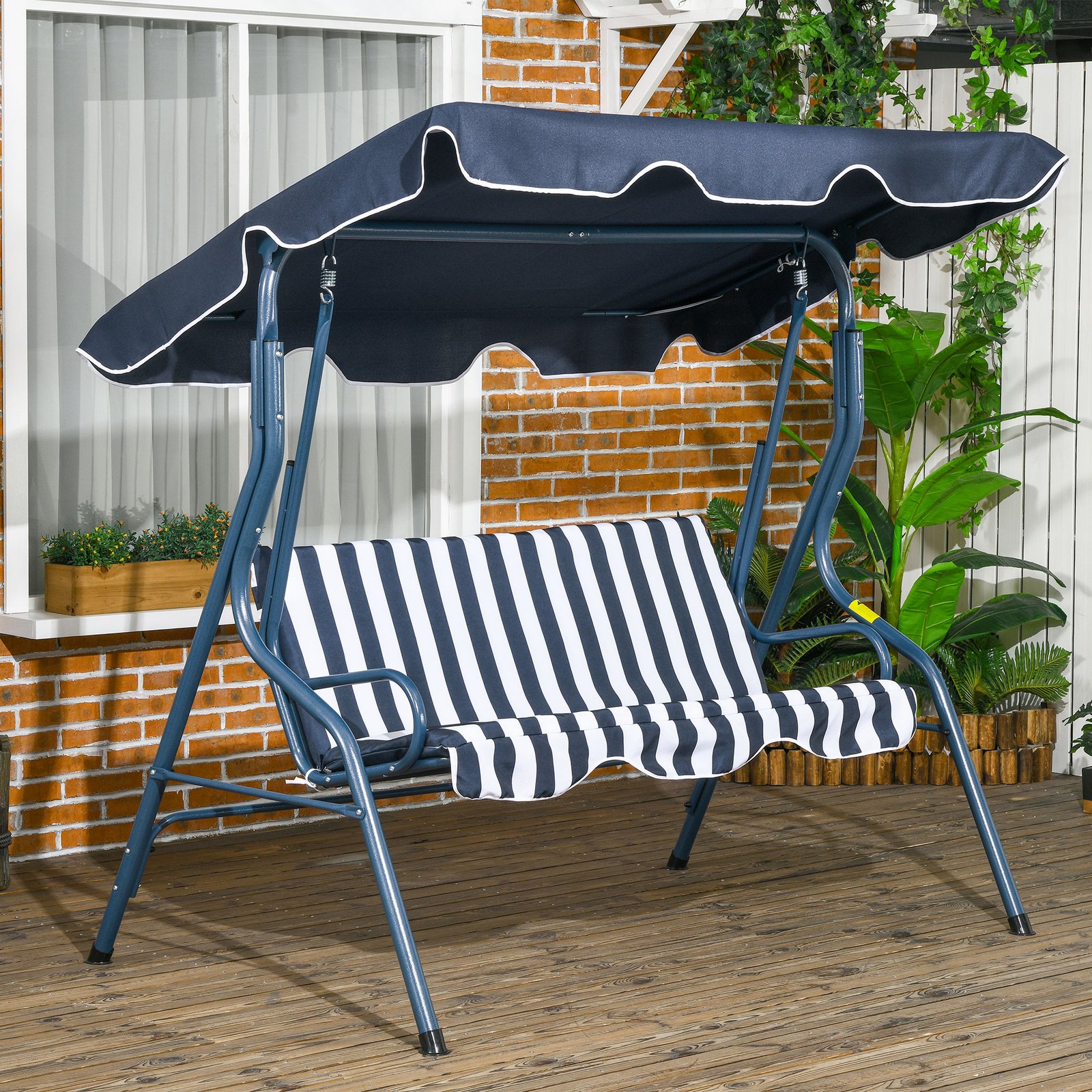 Outsunny 3 Seater Garden Swing Seat Chair Outdoor Bench with Adjustable Canopy and Metal Frame, Blue Stripes - Image 2
