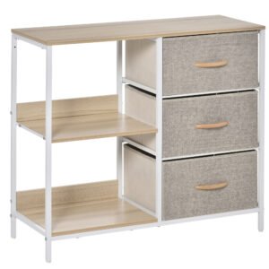 HOMCOM Chest of Drawers Storage Dresser Cabinet Organizer with 3 Fabric Drawers and 2 Display Shelves for Living Room, Bedroom, Hallway, Beige