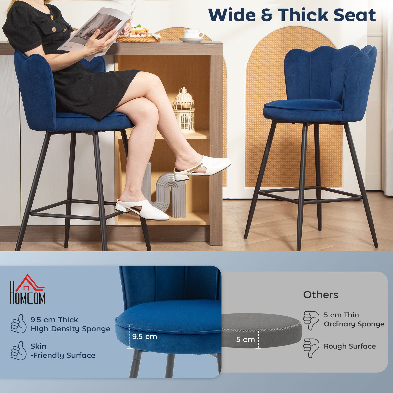 HOMCOM Set of Two Velvet-Feel Lotus Bar Stools - Dark Blue - Image 4