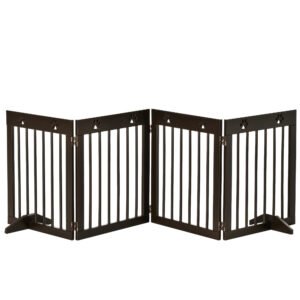 PawHut Freestanding Pet Gate 4 Panel Wooden Dog Barrier Folding Safety Fence with Support Feet up to 204cm Long 61cm Tall for Doorway Stairs Brown