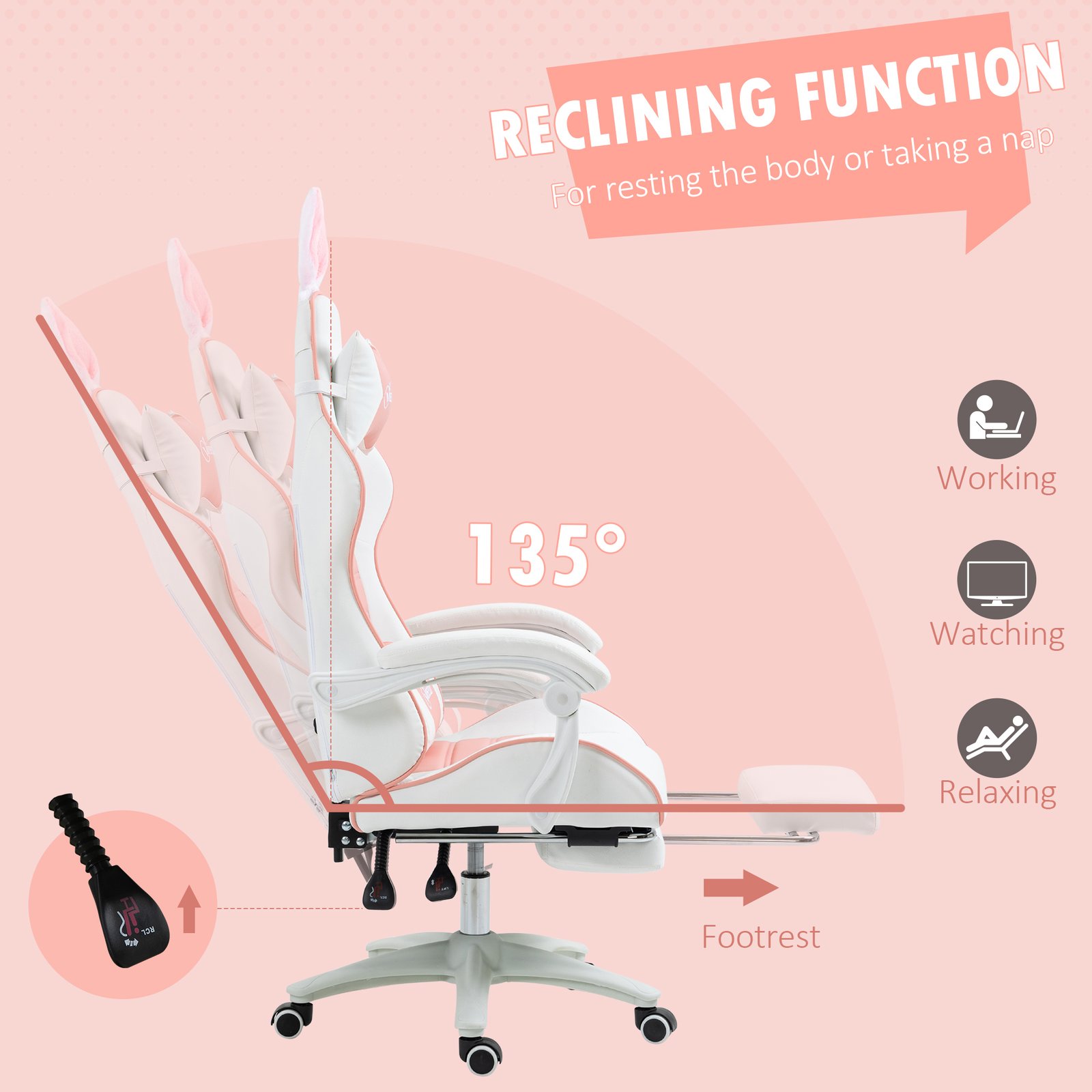 Vinsetto Racing Gaming Chair, Reclining PU Leather Computer Chair with Removable Rabbit Ears, Footrest, Headrest and Lumber Support, Pink - Image 7