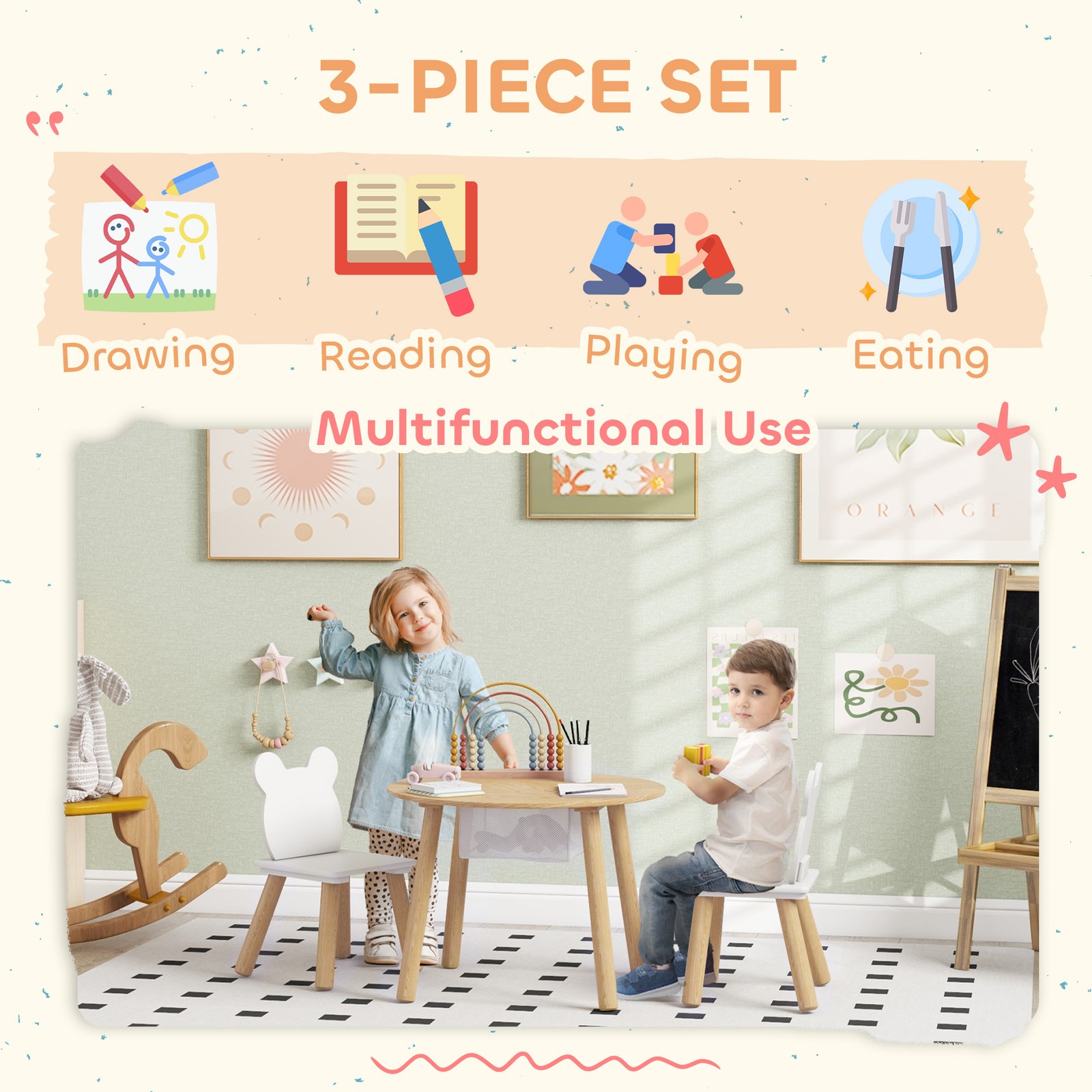 AIYAPLAY 3-Piece Kids Activity Table Set with Centre Mesh Bag, Bear-Shaped Backrest, for Arts and Crafts, Reading, Dining - Image 6