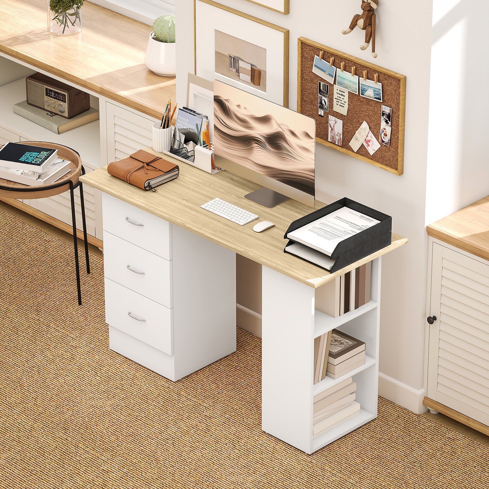 HOMCOM Computer Desk with Drawers, Home Office Desk, Writing Table, PC Workstation with 3 Storage Shelves for Working, Study, 120 x 49 x 72 cm, Natural Wood Finish and White - Image 7