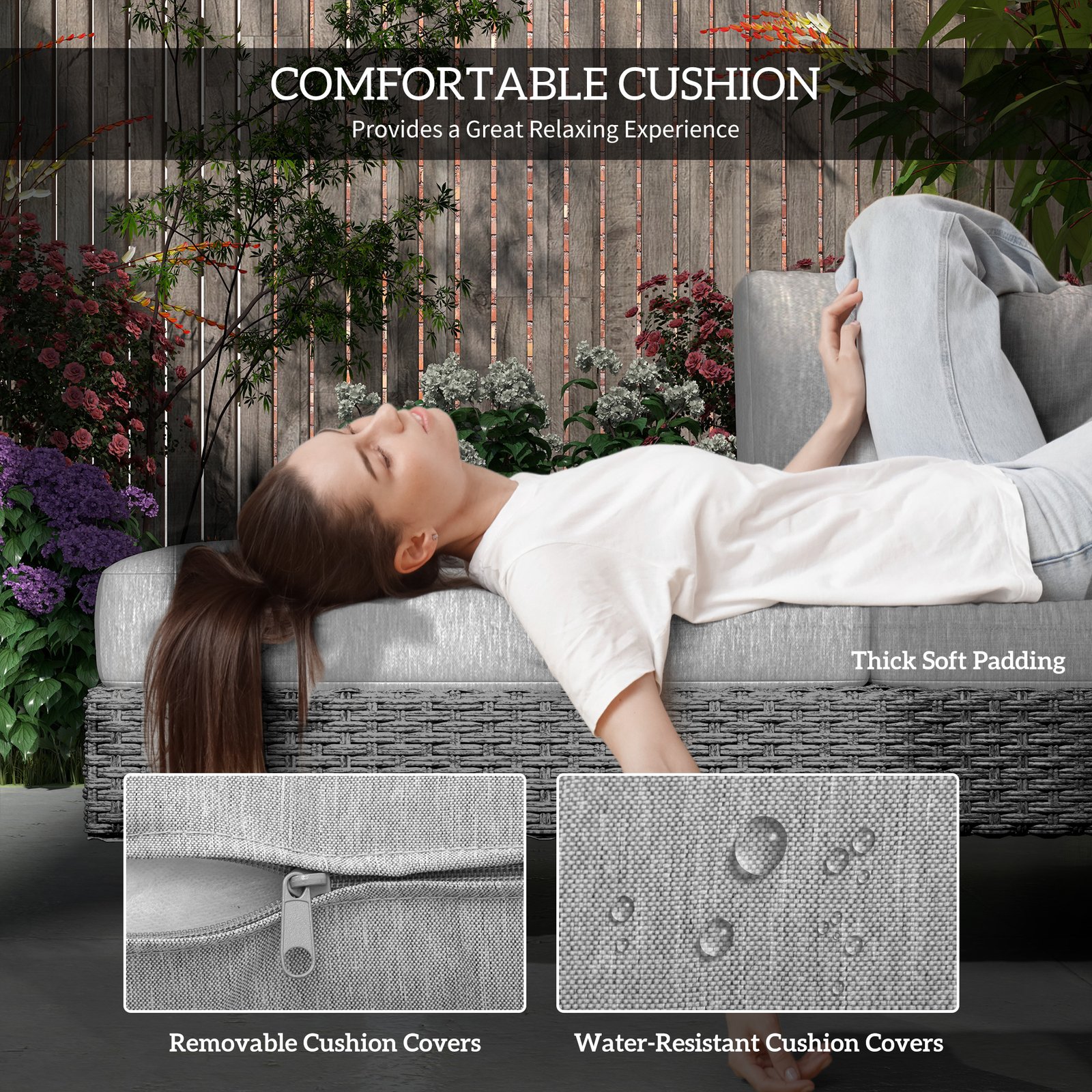 Outsunny Three-Piece Rattan Sofa Set, with Cushions - Light Grey - Image 5