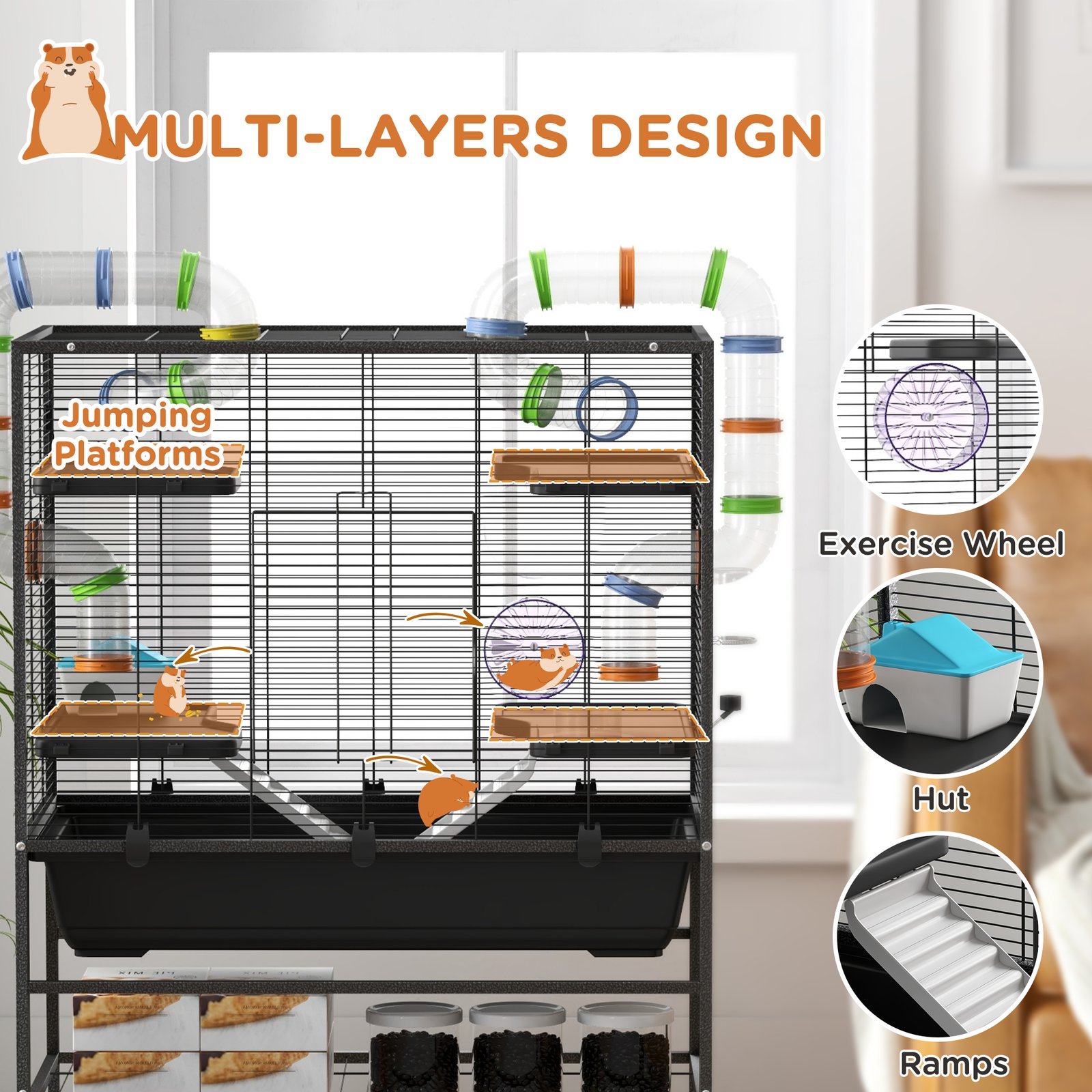 PawHut Large Hamster Cage, Gerbil Cage with Tubes, Storage Shelf, Ramps, Platforms, Running Wheel - Black - Image 5