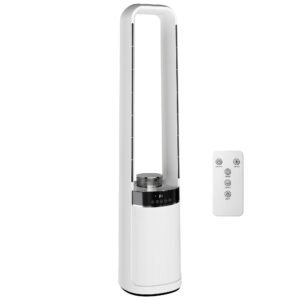 HOMCOM Bladeless Tower Fan, 36dB Standing Cooling Fan with Oscillating, LED Lights, 3 Speeds, 12H Timer, Remote Control