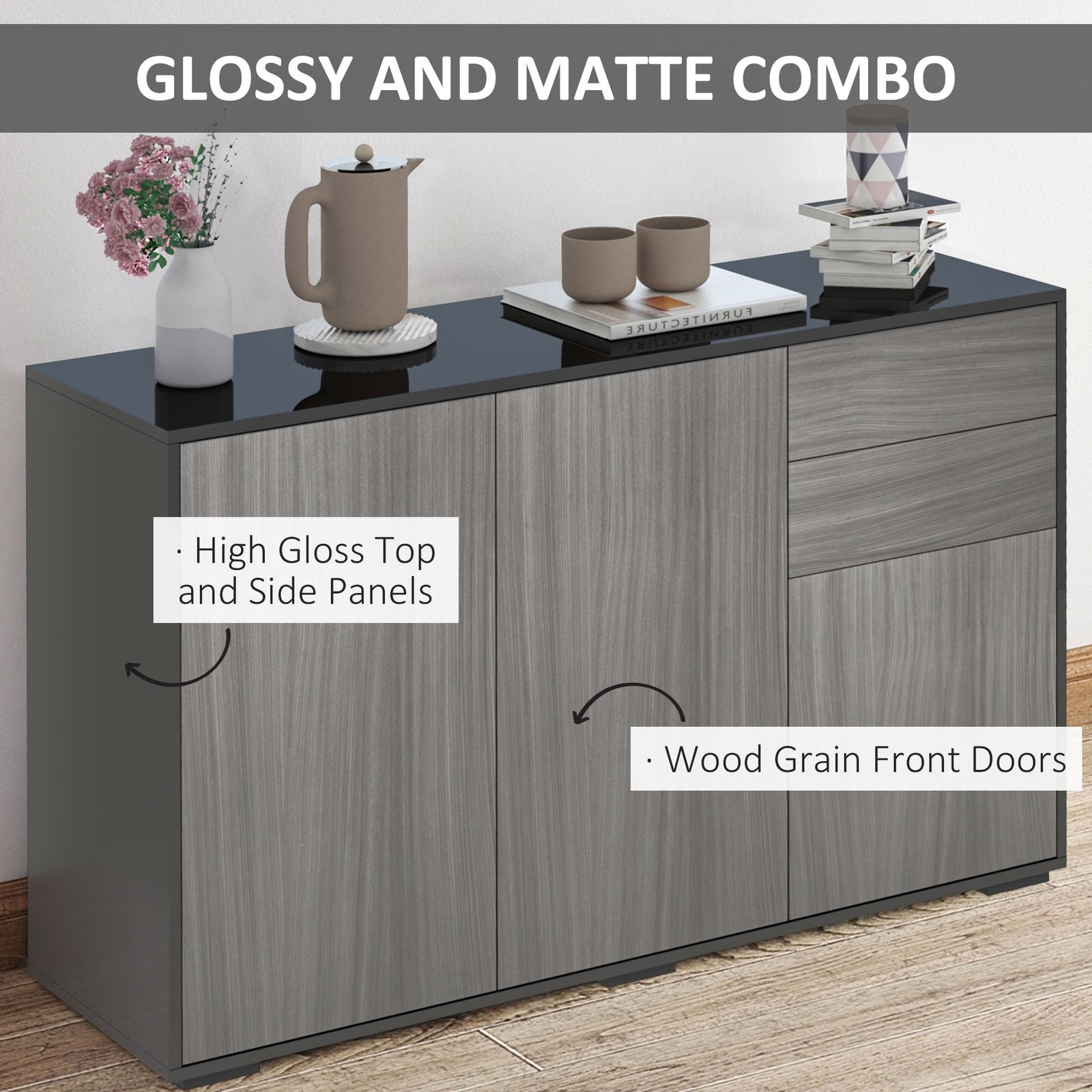 HOMCOM High Gloss Side Cabinet, Push-Open Design with 2 Drawers and 2 Cabinets for Living Room, 74H x 117W x 36Dcm, Light Grey and Black - Image 5
