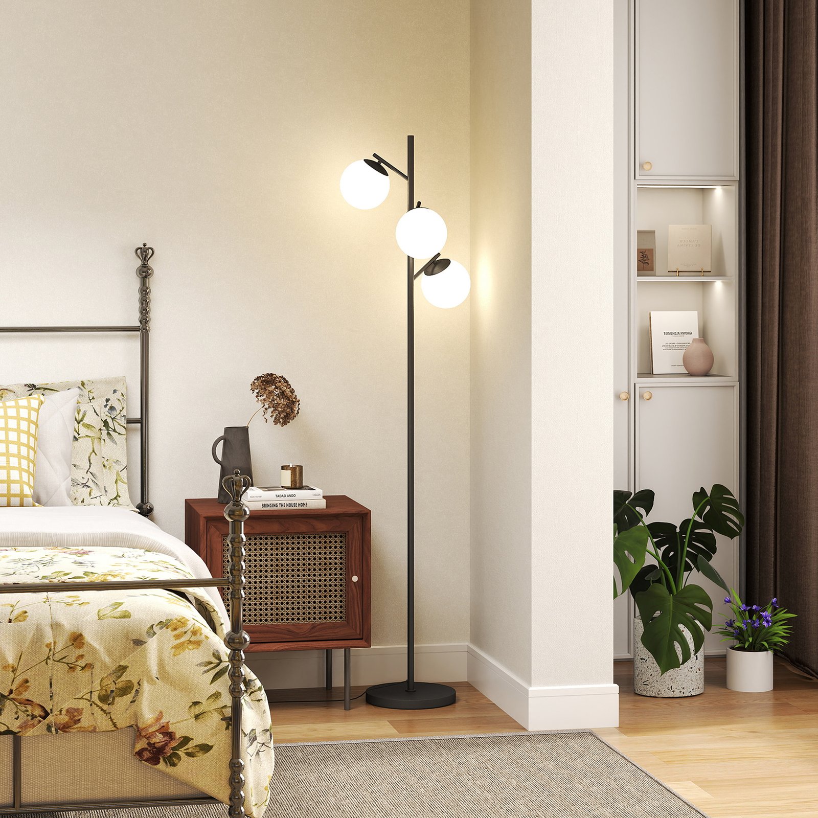 HOMCOM 3-Light Tree Floor Lamps for Living Room, Modern Standing Lamp for Bedroom with Globe Lampshade, Steel Base, Bulb not Included, Black - Image 7