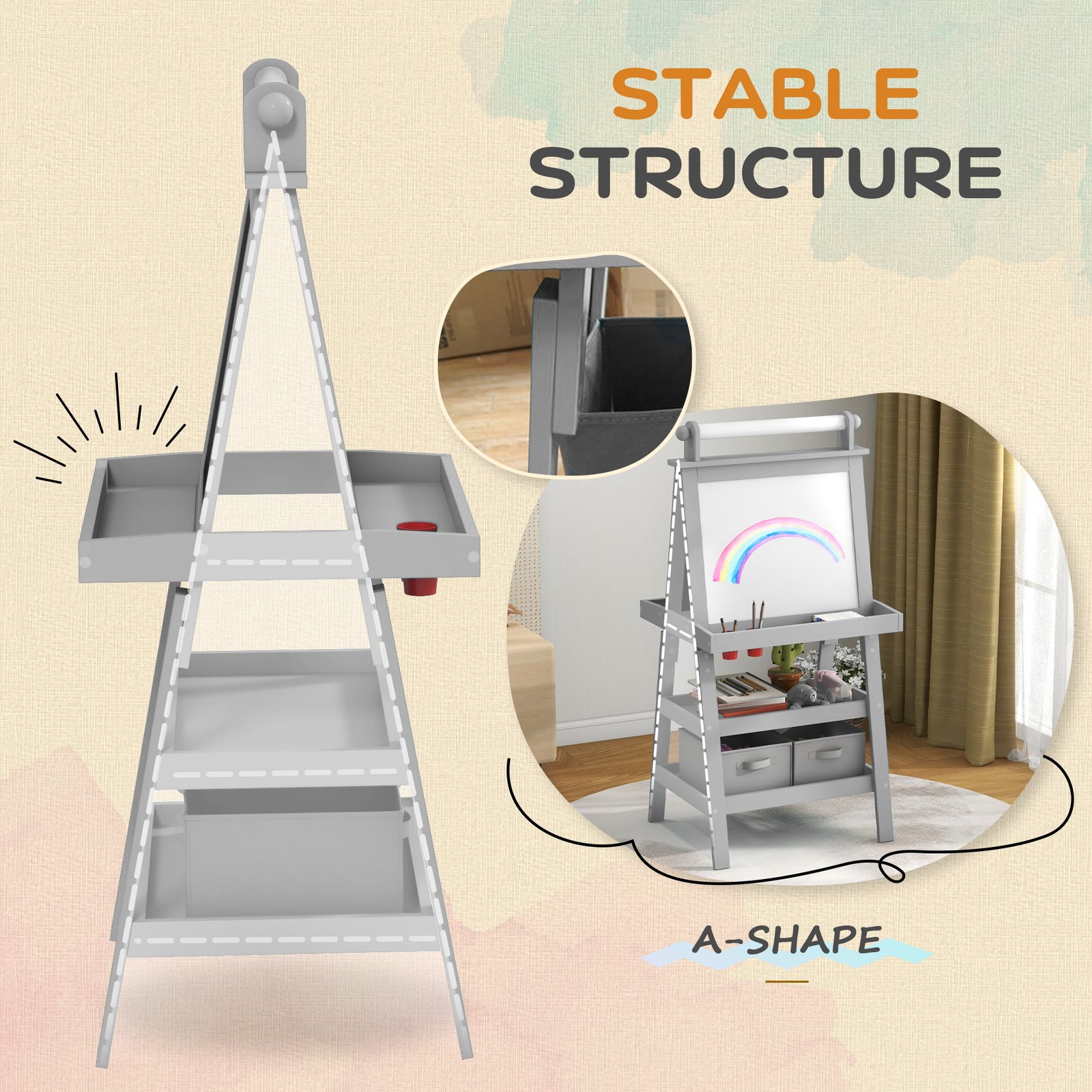 AIYAPLAY 3 in 1 Kids Easel Double-Sided Magnetic Whiteboard and Chalkboard with Paper Roll, Storage Baskets - Grey - Image 7