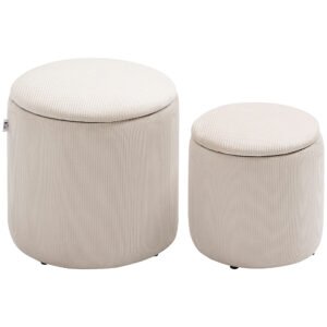HOMCOM Set of 2 Round Ottoman with Storage, Fabric Vanity Stool for Makeup, Footrest Stool with Removable Lid for Living Room & Bedroom, Cream White