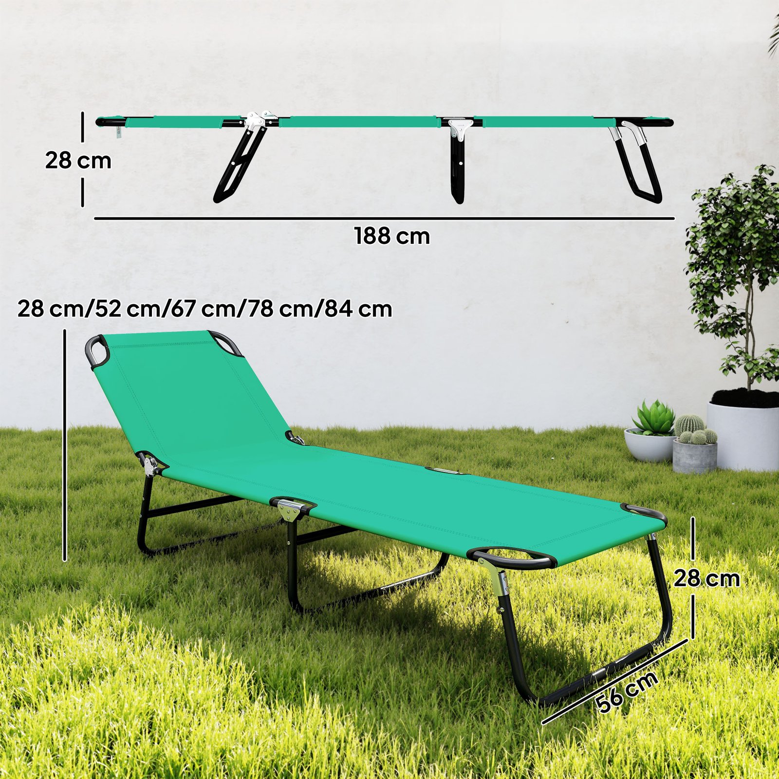 Outsunny Foldable Sun Lounger with 5-Position Adjustable Backrest, Outdoor Portable Recliner Chaise Lounge Chair, Green - Image 3