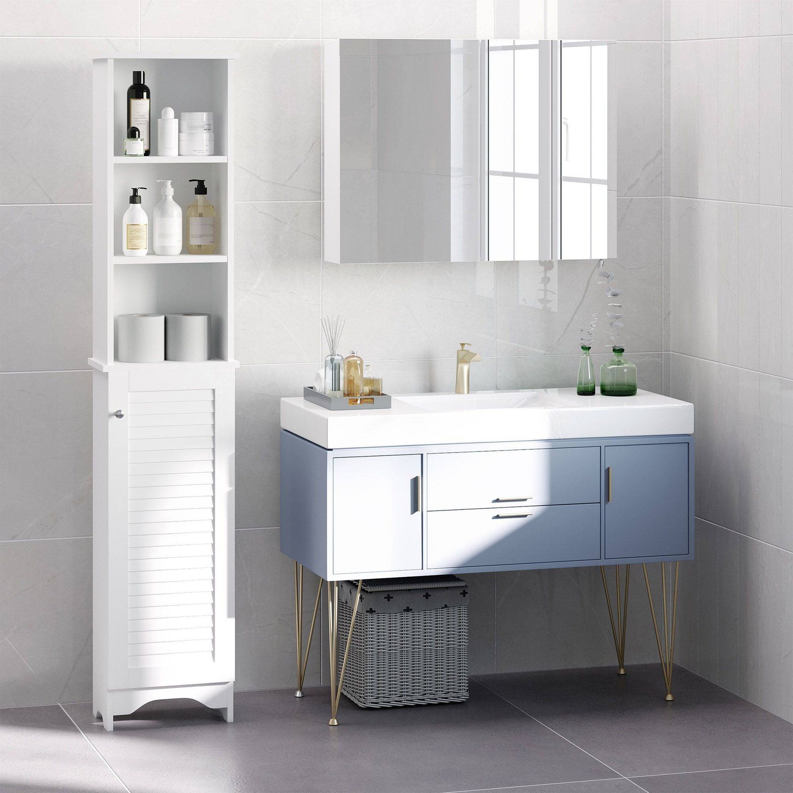 HOMCOM Tall Bathroom Cabinet, Freestanding Slim Bathroom Storage Unit with Adjustable Shelves and Shutter Door, Floor Storage Cupboard with 6 Shelves, 165H x 34W x 20D cm, White - Image 2