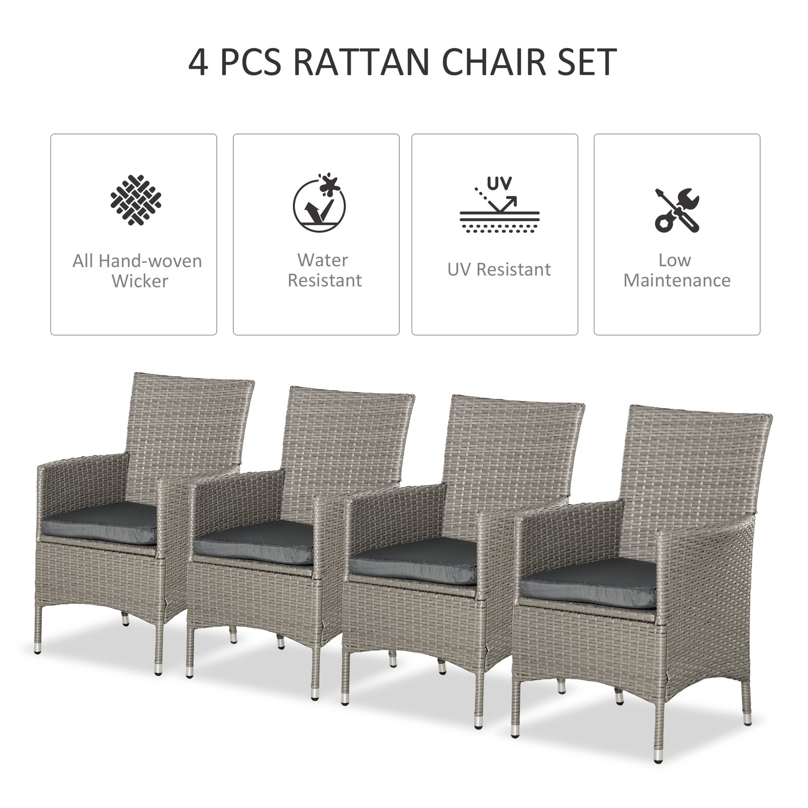Outsunny Set of Four Rattan Armchairs, with Cushions - Grey - Image 4
