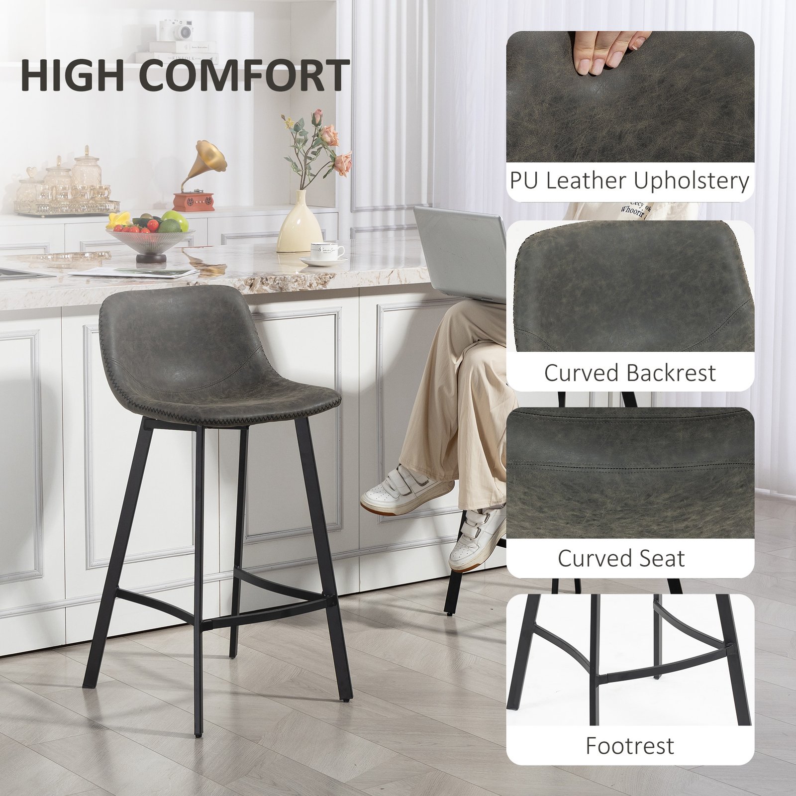 HOMCOM Bar Stools Set of 2, PU Leather Dining Stools with Backrest, Footrest, for Kitchen, Counter, Breakfast Bar, Grey - Image 5