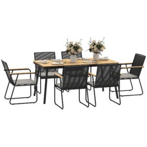 Outsunny 6 Seater Garden Dining Set with Soft Cushions, Rattan Backrest, Rectangular Plastic Top, Garden Furniture Set, Outdoor Dining Table and Chairs for Patio, Balcony, Poolside, Nature Wood Finish