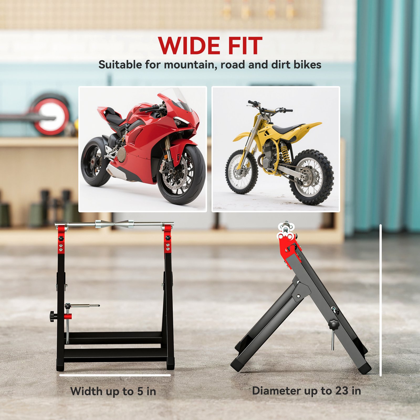 HOMCOM Foldable Motorcycle Wheel Balancer Truing Stand with Spoke Wrench, Steel Bike Tyre Rim Balancing Stand with Aluminium Shaft, Fits Wheels up to 23" in Diameter, 5" in Width, Black - Image 7