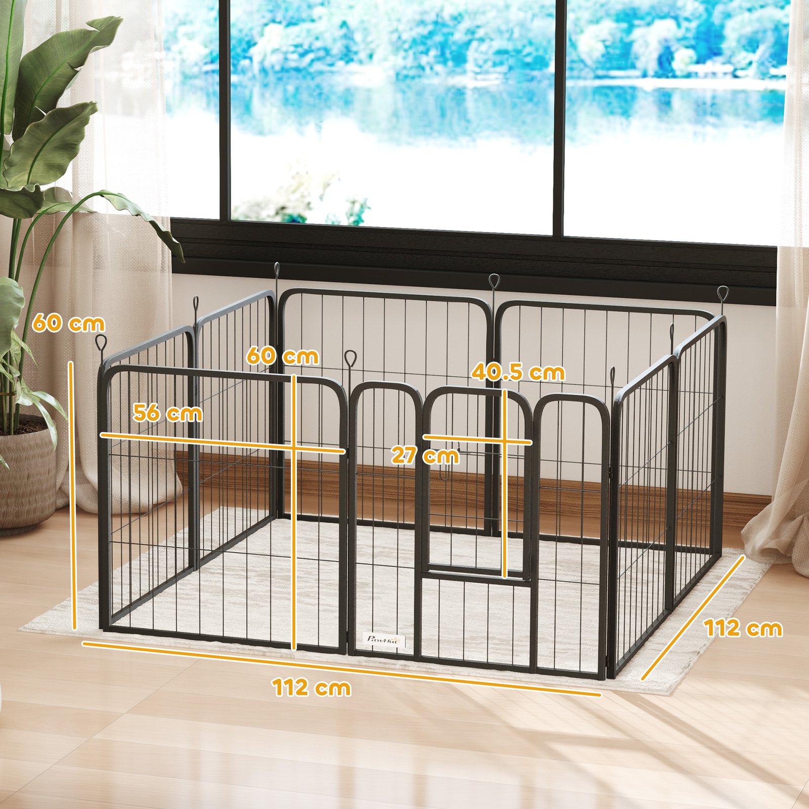 PawHut Eight-Panel Dog Playpen with Door, for Large Dogs, Indoors, Outdoors, 60cm Tall, Black - Image 3