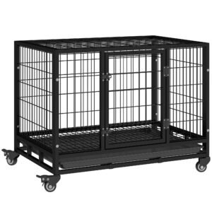 PawHut 36" Heavy Duty Metal Dog Crate Pet Cage with Tray Wheeled Dog Kennel - Black (Medium)