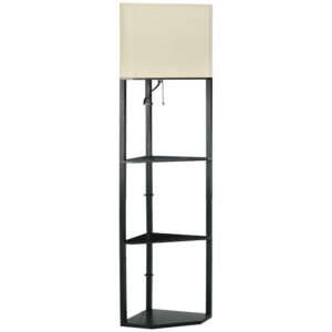 HOMCOM Corner Floor Lamp with Shelves, Modern Tall Standing Lamp with Chain Switch for Living Room, Bedroom, Bulb Not Included, Black