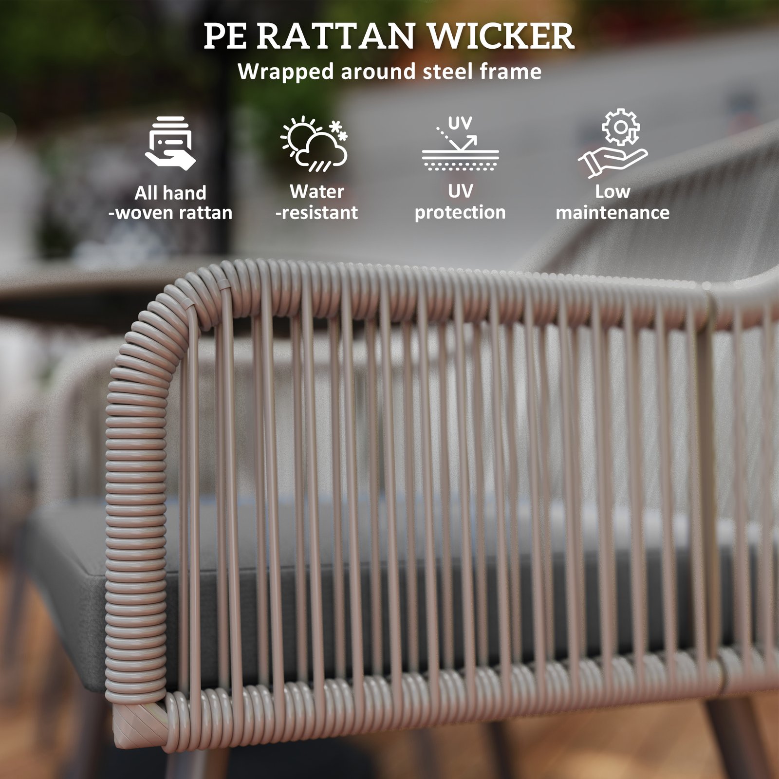 Outsunny 4 Seater Rattan Dining Set, Rattan Garden Furniture Set with Parasol Hole, Outdoor Dining Table and Chairs Set with Cushions, Round Glass Top Table for Patio, Balcony, Light Brown - Image 4
