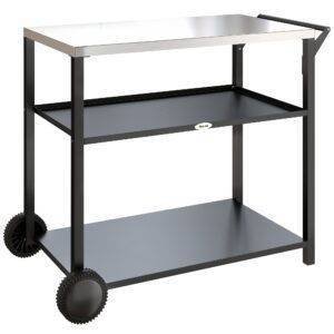 Outsunny Outdoor Grill Cart with Stainless Steel Tabletop for Kitchen Prep, Two-Tier Pizza Oven Stand on Wheels, Black
