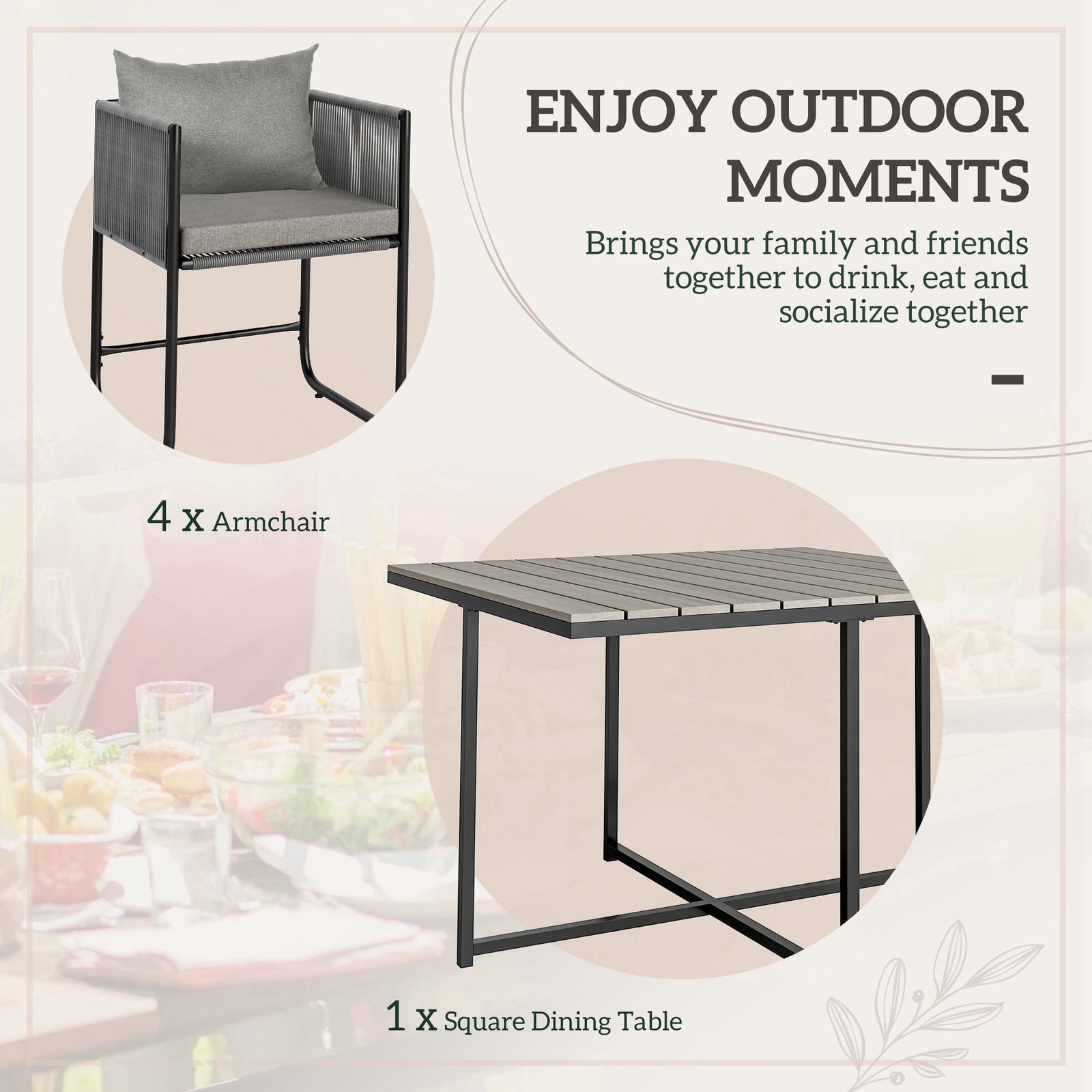 Outsunny 4 Seater Rattan Cube Garden Furniture Set, Rattan Dining Set with Cushions, Outdoor Dining Table and Chairs with Rectangular Wood Grain Plastic Top Table for Patio, Balcony, Grey - Image 4