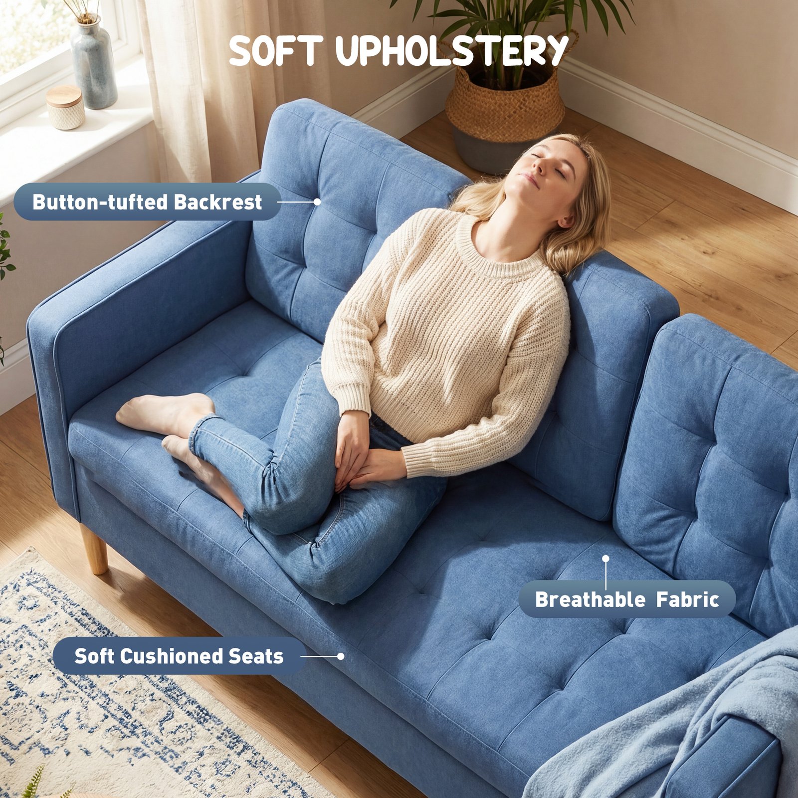 HOMCOM 3 Seater Sofa, 169cm Couch with Hidden Storage, Wood Legs, Blue - Image 4