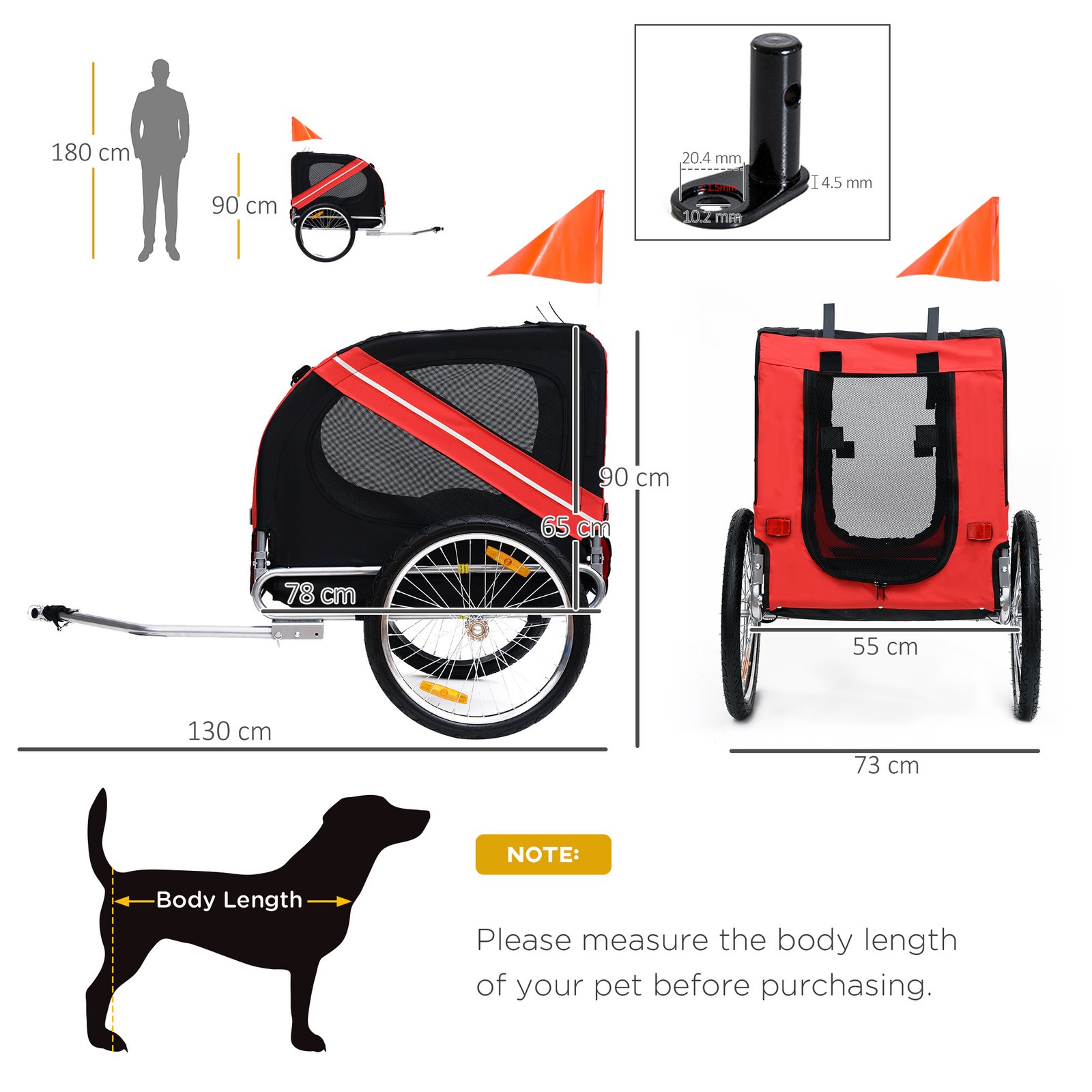 Pawhut Bicycle Pet Trailer in Steel Frame-Red/Black - Image 3