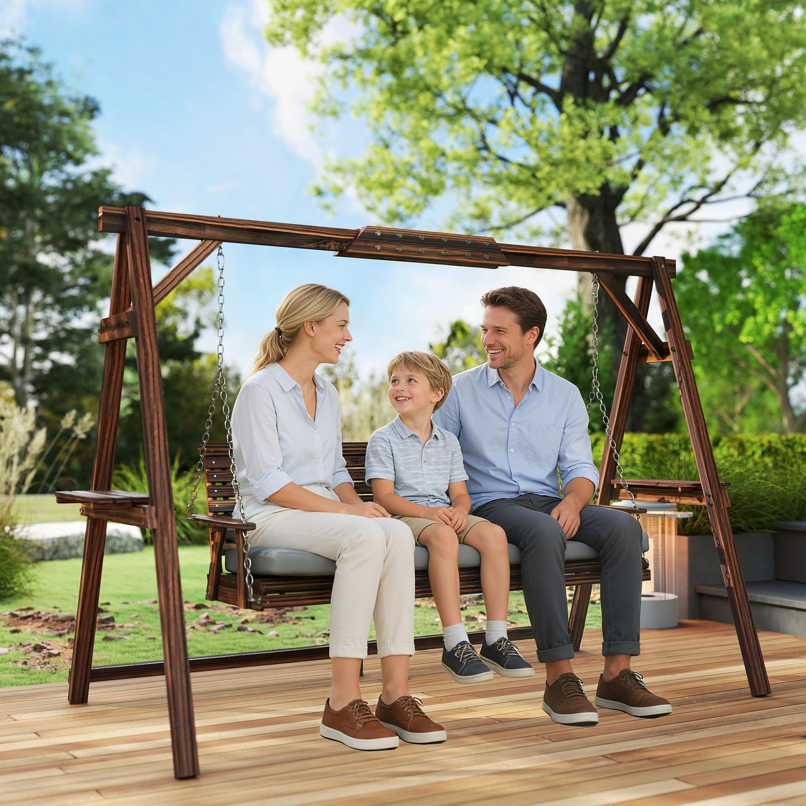 Outsunny 3 Seater Garden Swing Seat, Wooden Swing Chair Bench with Cushion, Side Trays and Metal Chains, for Outdoor Porch Patio, Carbonised Brown - Image 9
