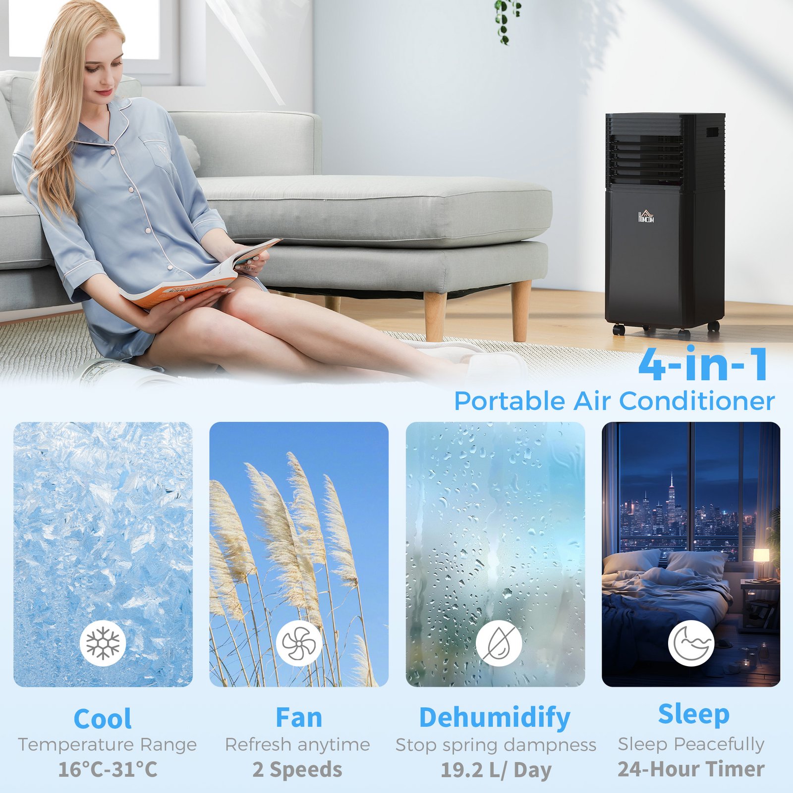 HOMCOM 7000 BTU 4-In-1 Portable Air Conditioner Unit Cooling Dehumidifying Ventilating for Room up to 26m², with Fan, Remote, 24H Timer, Window Mount Kit, R290, A Energy Efficiency - Image 4