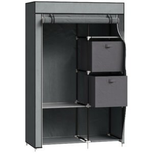HOMCOM Fabric Wardrobe, Portable Wardrobe, Clothes Storage Unit with 5 Compartments, Hanging Rail and 2 Fabric Drawers, 102 x 42.5 x 162.5cm, Dark Grey