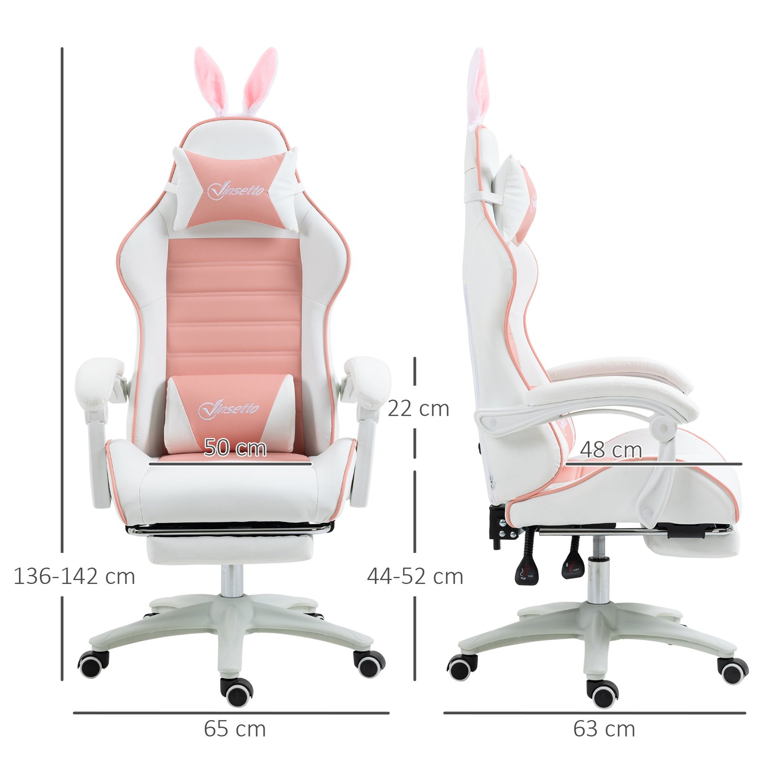 Vinsetto Racing Gaming Chair, Reclining PU Leather Computer Chair with Removable Rabbit Ears, Footrest, Headrest and Lumber Support, Pink - Image 4