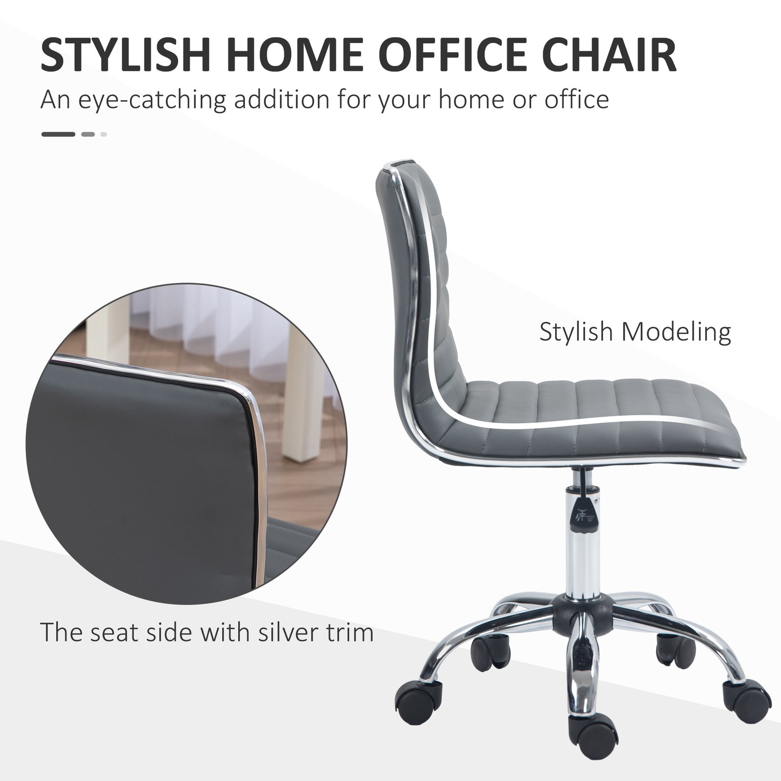 HOMCOM Armless Task Desk Chair, Swivel Office Chair with Faux Leather, Adjustable Seat Height, Chrome Base, Wheels for Home, Dark Grey - Image 5