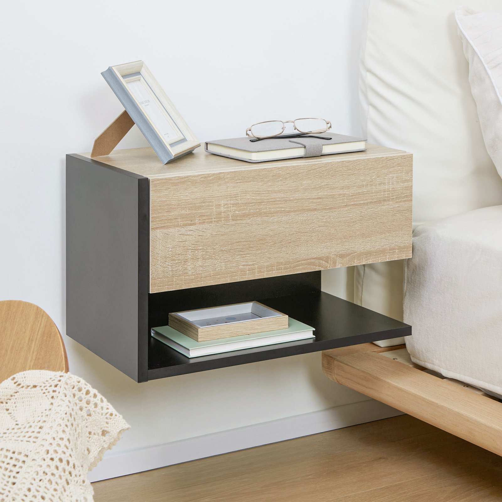 HOMCOM Floating Bedside Table Set of 2, Wall Mounted Bedside Cabinet with Drawer and Open Shelf, Modern Nightstand for Bedroom, 46 x 30 x 30 cm, Oak Tone - Image 8