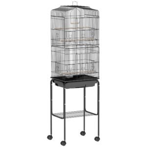 PawHut Bird Cage Budgie Cages for Finch Canary Parakeet with Stand Wheels Slide-out Tray Accessories Storage Shelf, Black 46.5 x 36 x 157 cm