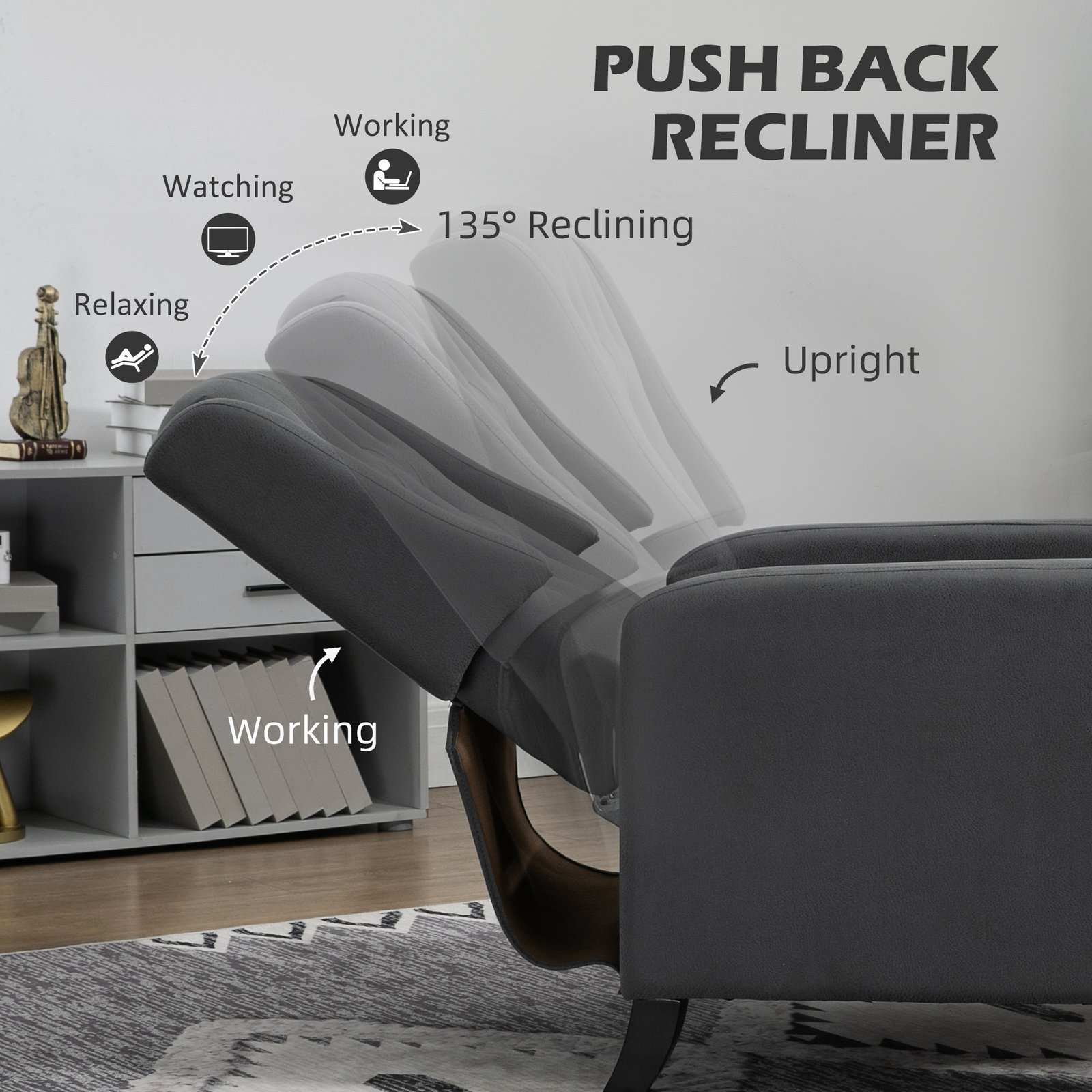 HOMCOM Wingback Recliner Chair for Home Theater, Button Tufted Microfibre Cloth Reclining Armchair with Leg Rest, Deep Grey - Image 4