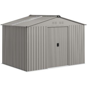 Outsunny Garden Storage Shed, Metal Outdoor Storage Shed House with Foundation Kit, Ventilation, Doors, 9 x 6FT, Grey