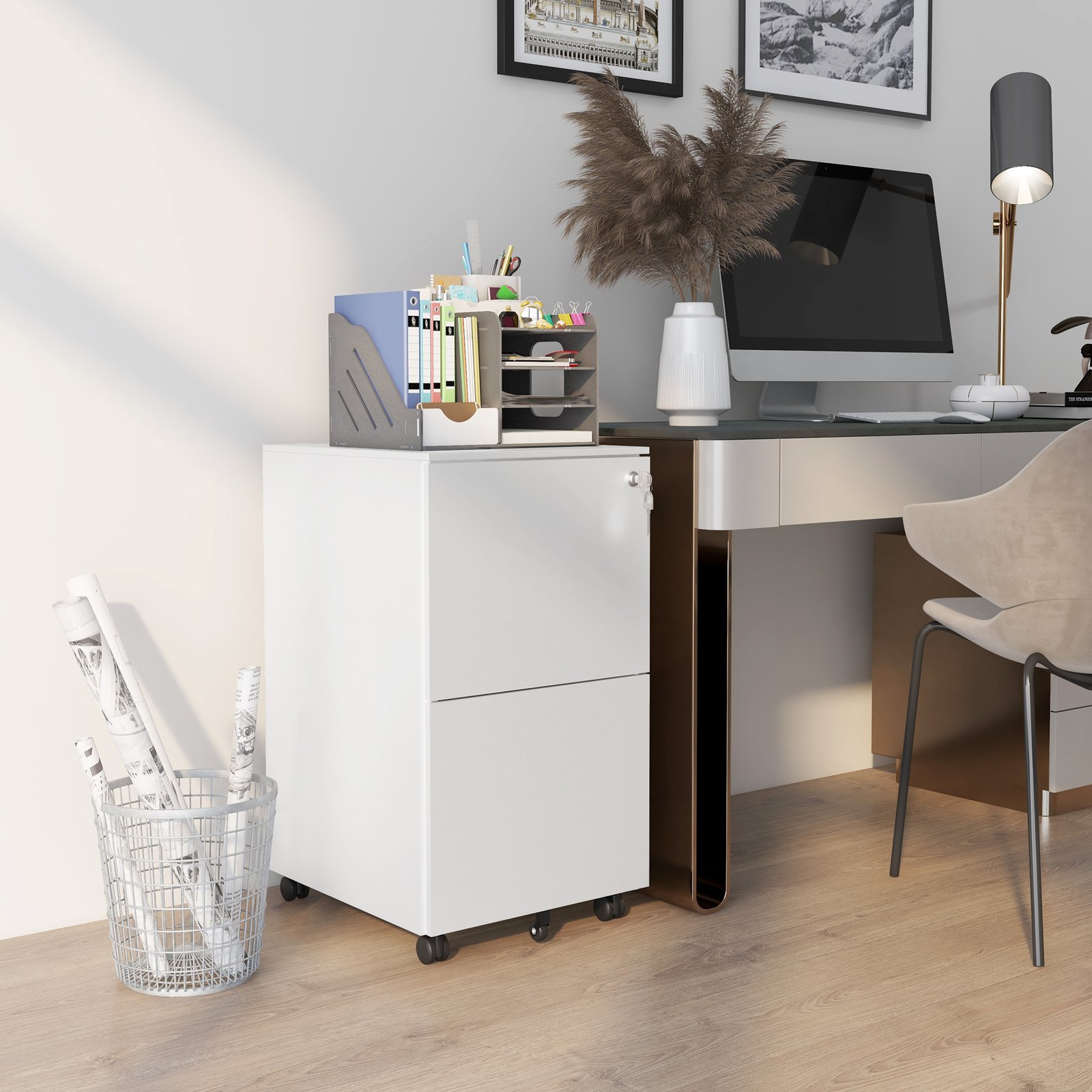 Vinsetto 2-Drawer Filing Cabinet with Lock and 5 Wheels, Steel Mobile File Cabinet, for A4, Legal and Letter Size, Pre-Assembled Body, White - Image 2