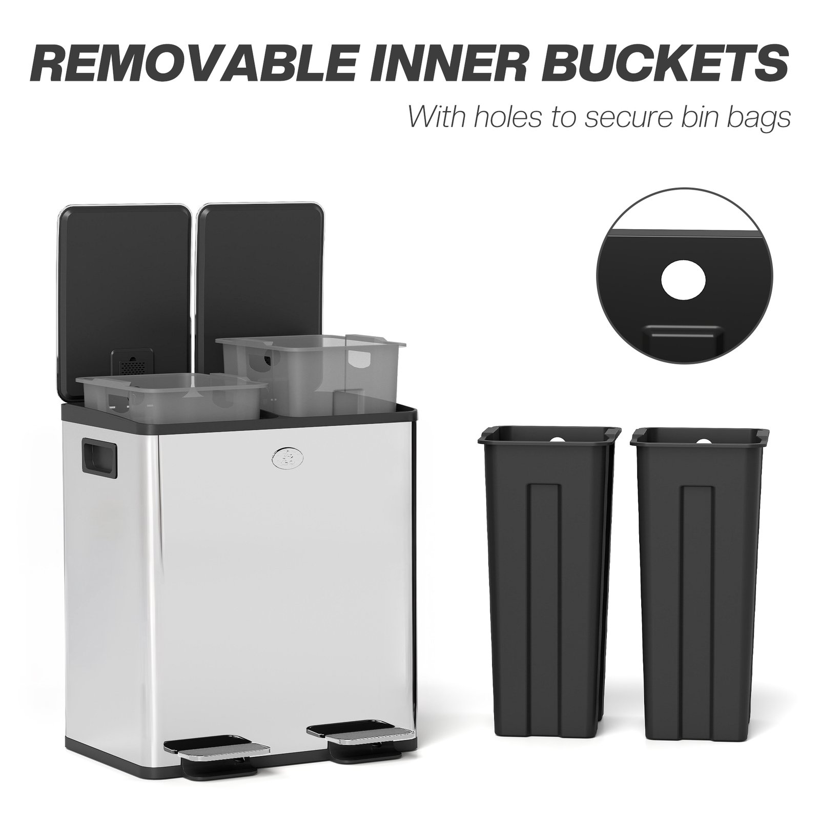 HOMCOM 40L Dual Compartment Stainless Steel Bin, with Deodoriser Holders - Silver Tone - Image 7