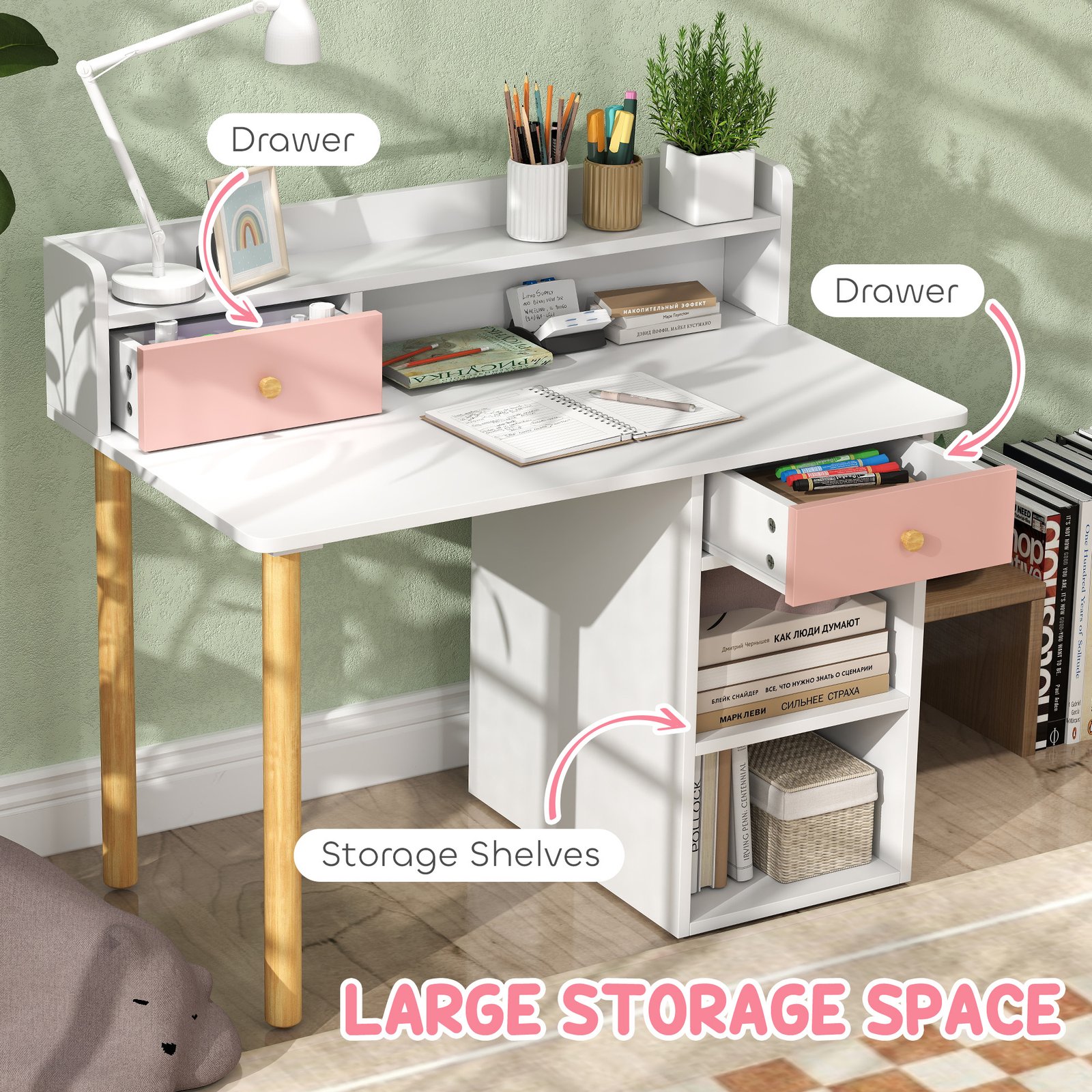 AIYAPLAY 2 Pieces Children Study Table with Hutch, Kids Desk and Chair Set with Storage, Drawer, Shelves, Pink - Image 5