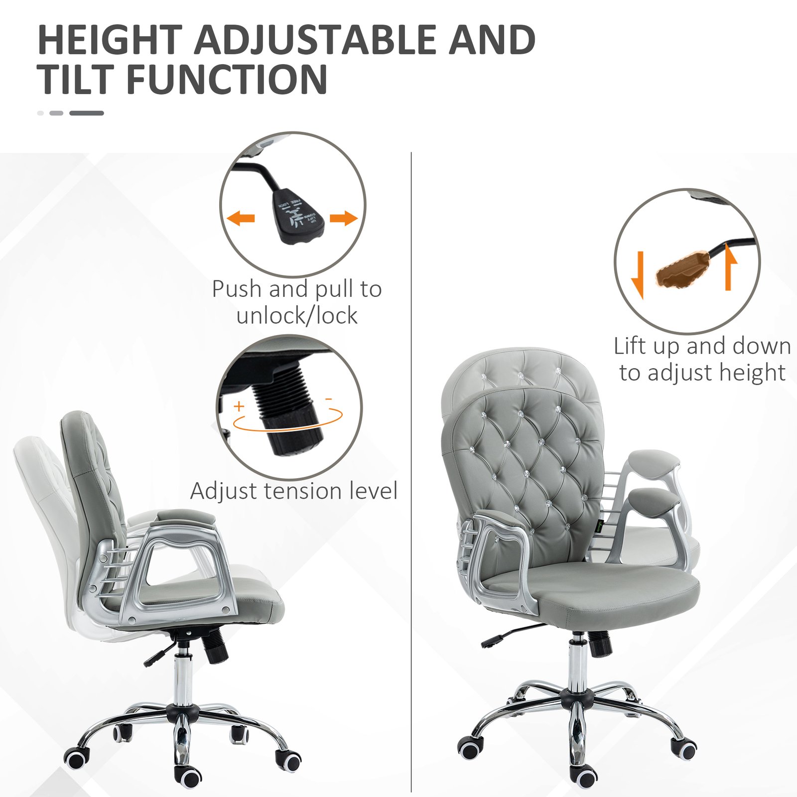 Vinsetto Office Chair Ergonomic 360° Swivel PU Diamante Padded Base 5 Castor Wheels for Home Work Grey - Image 4