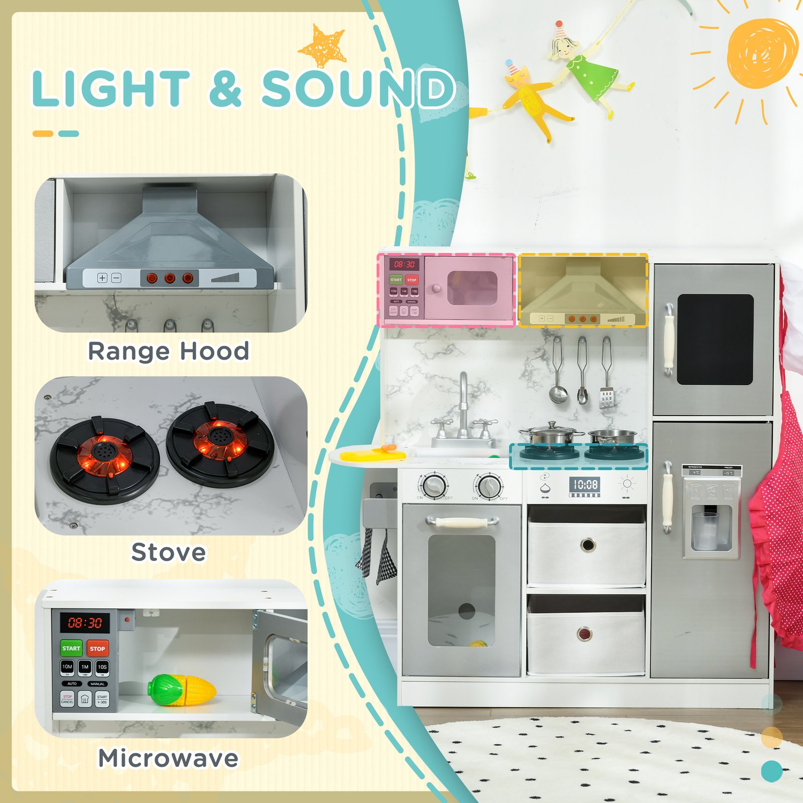 AIYAPLAY Toy Kitchen with Lights, Sounds, Apron and Chef Hat, Ice Maker, Microwave, for Ages 3-6 Years - White - Image 4